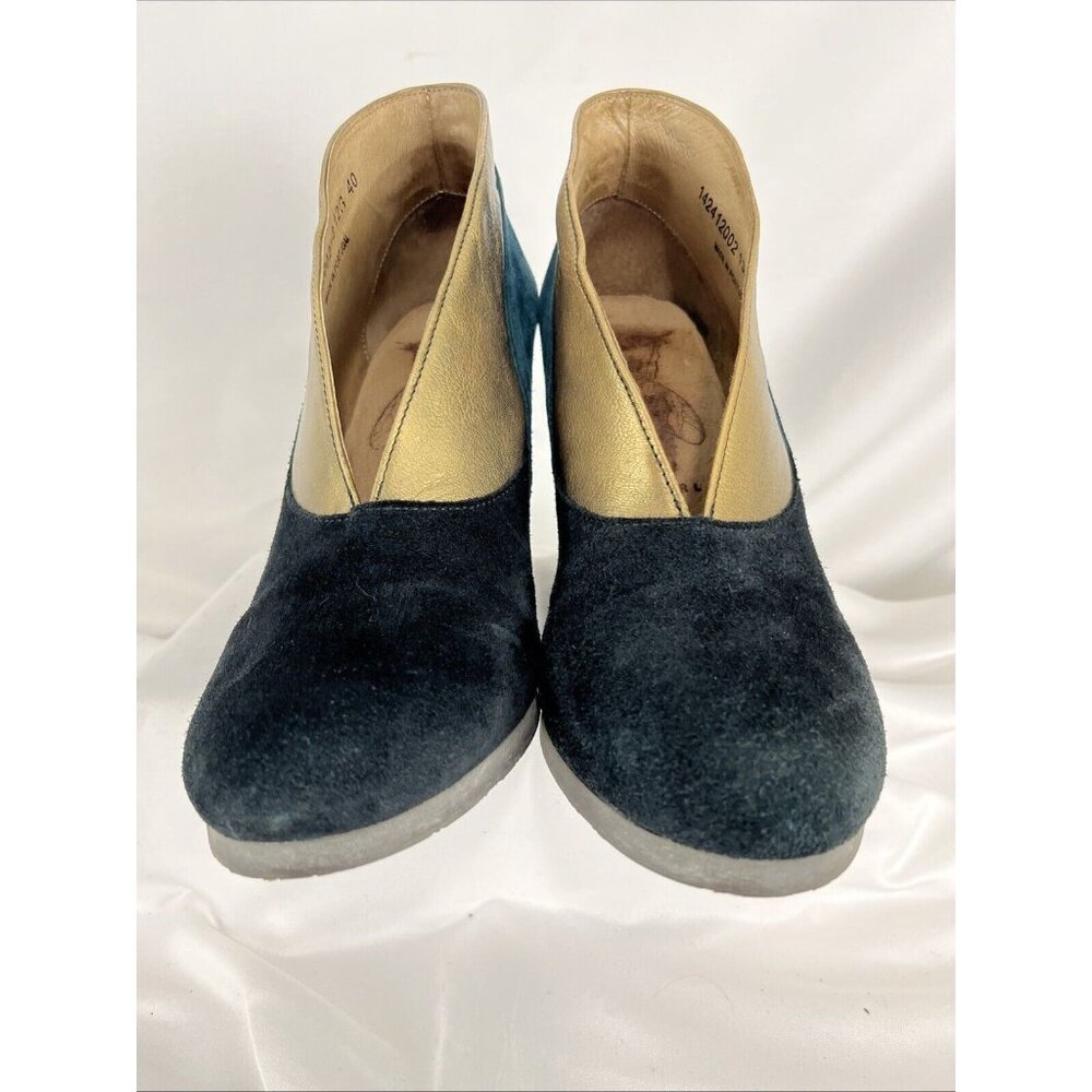Fly London Teal, Black & Metallic Gold Suede Wedge Booties - Picture 5 of 11